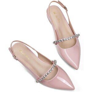 Women Pink Polyurethane (PU) Rhinestone Pointed Toe Slingback Flats Shoes